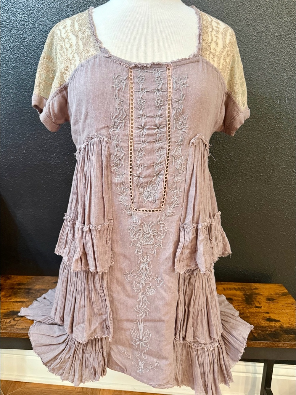 Free People Dusty Mauve Lace-Shoulder Tiered Mini Dress